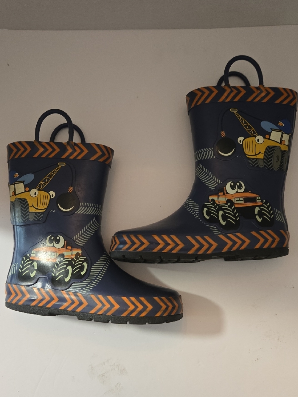 George Navy Blue and Orange Kids Rain Boots with Construction Truck Design